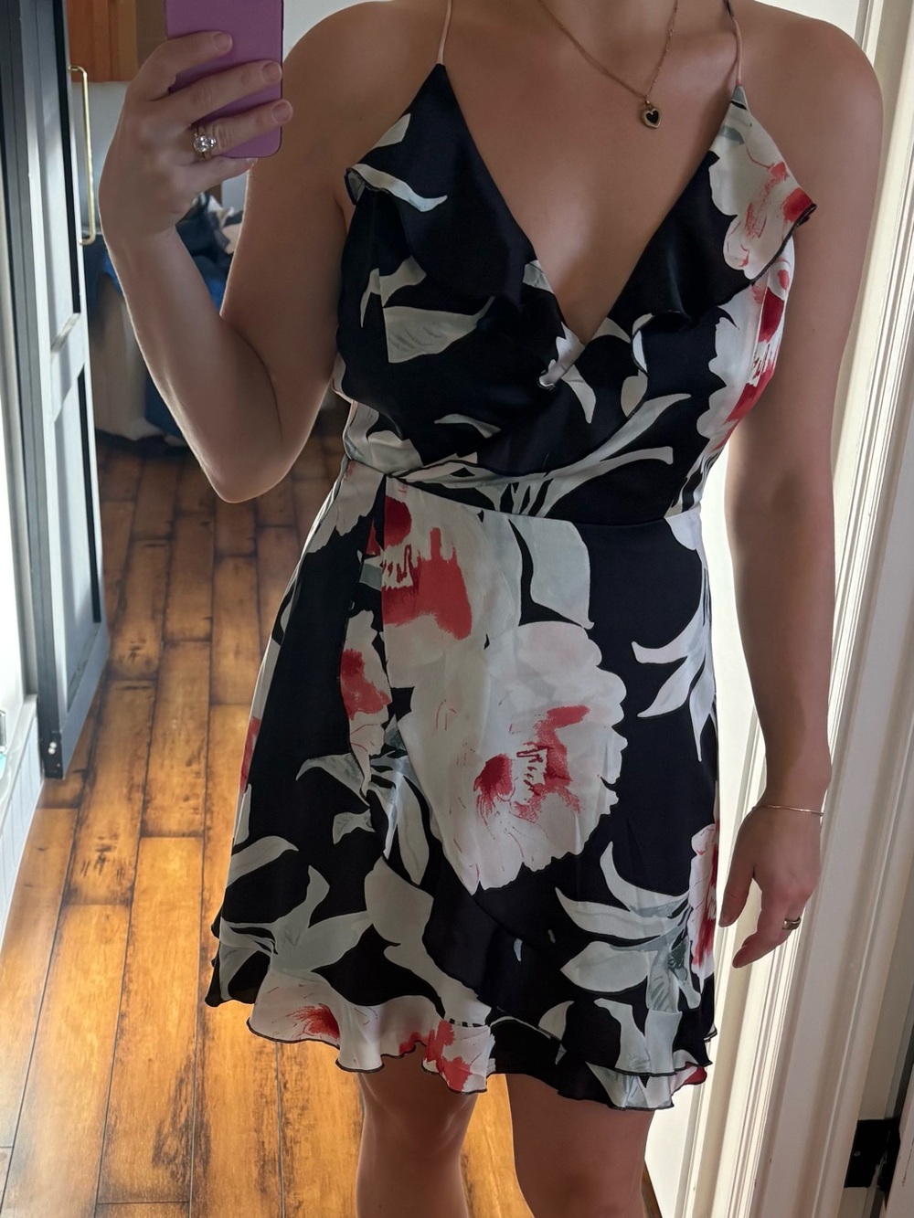 Black Floral V-Neck Slip Dress with Red & White Blooms